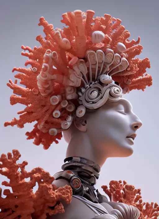 Image similar to biomechanical coral headdress, daisies, well contoured smooth fair walls with marble statue, carrying a bottle of perfume, up close shot, sharp focus, global illumination, radiant light, alexandre ferra white mecha, irakli nadar, octane highly render, 4 k, ultra hd,