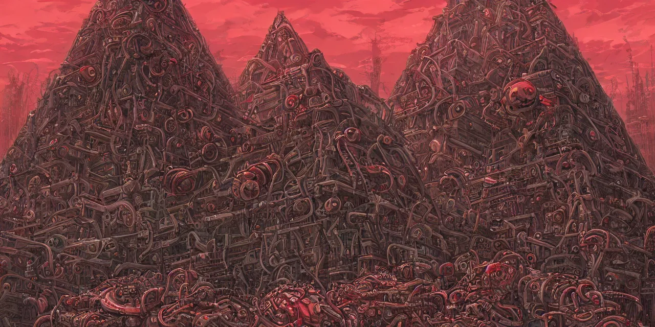 Prompt: hyper detailed comic illustration of a lone giant fleshy bio-mechanical machine pyramid with one eyeball at the top, overlooking a dystopian wasteland, bright colors with red hues, lovecraftian