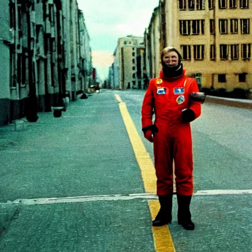 Prompt: lomo photo of an ussr astronaut staying in the empty street