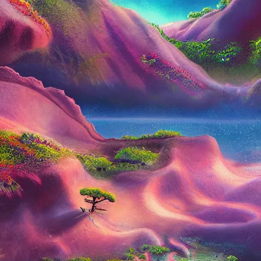 Image similar to digital painting of a lush natural scene on an alien planet by sachiko butou. ultra sharp high quality digital render. detailed. beautiful landscape. colourful weird vegetation. cliffs and water.