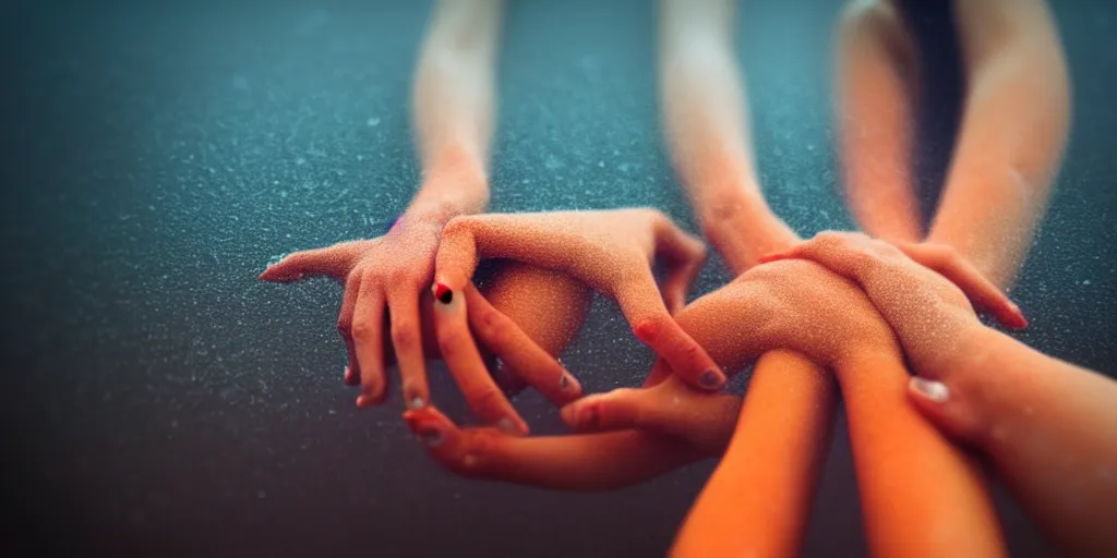 Image similar to a blurry closeup picture of gorgeous human bodies intertwined, female bodies, hands, dripping wet, macro photography, long exposure photograph, surrealism, anamorphic bokeh, cozy, soft light, cyan and orange, caustic, atmospheric fog, octane render, cinematic