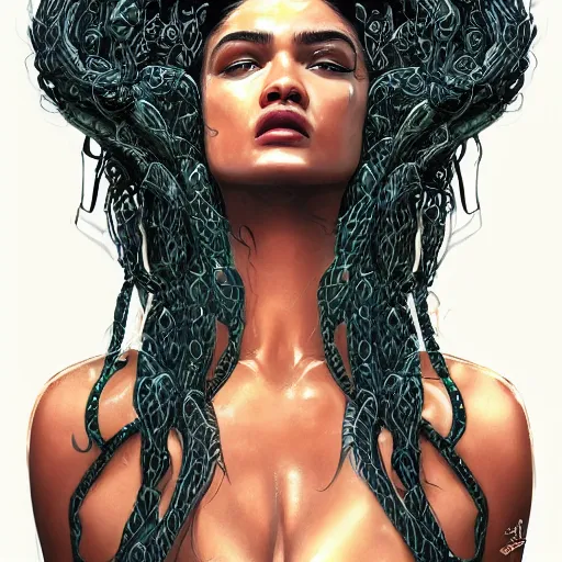 Prompt: Shanina Shaik as Medusa, snakes for hair, highly detailed, digital painting, artstation, concept art, smooth, sharp focus, illustration, art by Chris Achilleos, in the style of Medusa (1988) by Chris Achilleos.