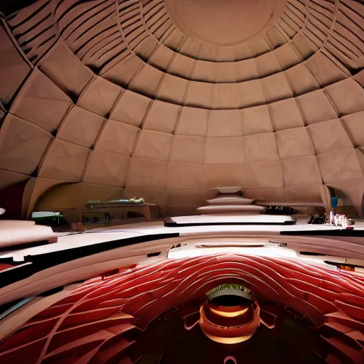 Prompt: interior of a futuristic lotus temple, by syd mead and buckminster fuller, intricate contemporary architecture, photo journalism, photography, cinematic, national geographic photoshoot