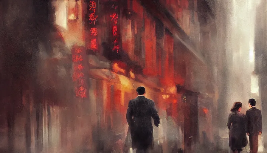 Image similar to in the mood for love, cinematic shot, oil painting by jama jurabaev, extremely detailed, brush hard, artstation, for aaa game, high quality, brush stroke