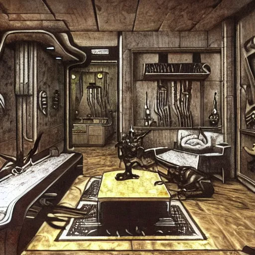 Prompt: bachelor pad with interior design by h. r. giger