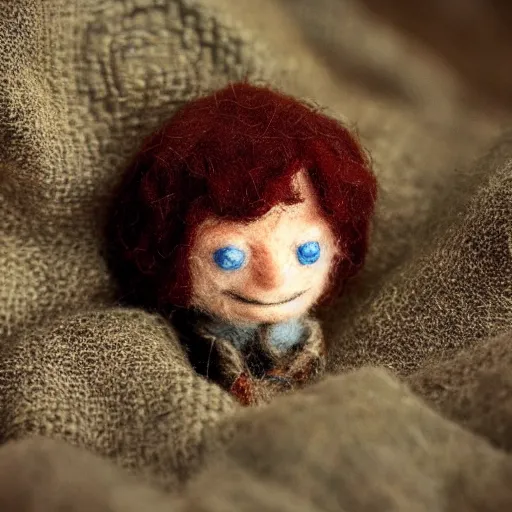 Prompt: needle felted bilbo wants the ring from frodo from the fellowship of the ring (2001), highly detailed, dslr, tilt shift, eerie, hyperrealism, highly textured