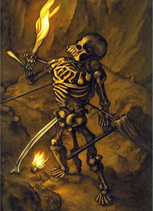 Prompt: skeleton warrior holding a sword in a cave lit by torches, oil painting by albrecht durer, trending on artstation