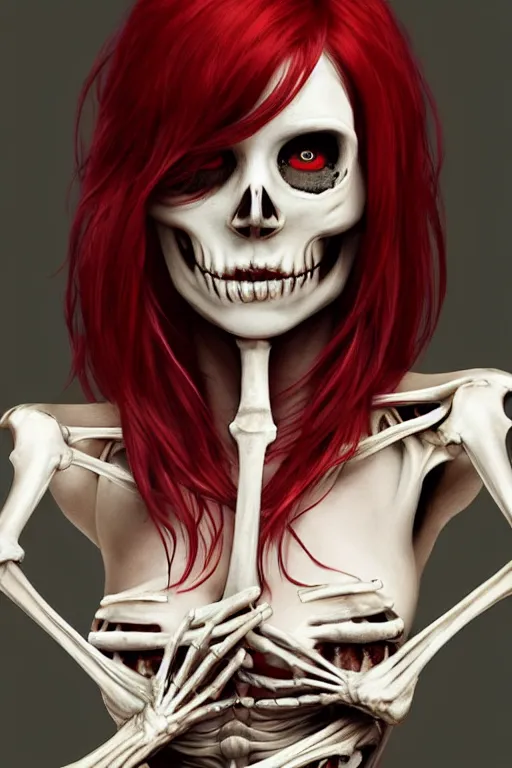 Image similar to skeleton black bones!!, covered with blood, jessica nigri face!!, long red hair, ultra realistic, concept art, intricate details, highly detailed, photorealistic, octane render, 8 k, unreal engine. retro film still, heavy grain, 3 5 mm, art by artgerm and greg rutkowski and alphonse mucha