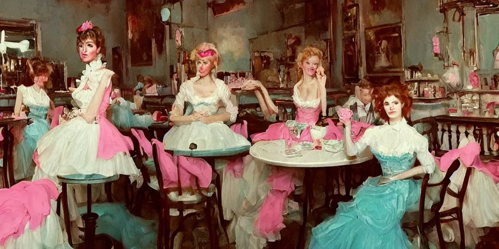 Prompt: 3 d david bowie, dressed in a pink, white, and teal ballgown, in an ice cream parlor, master painter and art style of noel coypel, art of emile eisman - semenowsky, art of edouard bisson