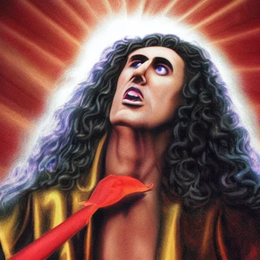 Prompt: heavens opening, weird al descending from heaven, god rays