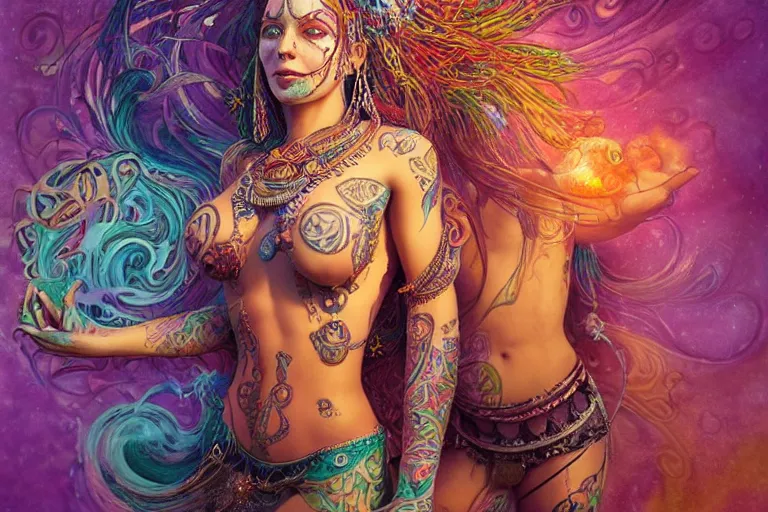 Image similar to a centered full body render of an alluring festival hippy with tribal tattoos surrounded by a underwater ink pour and flowing liquid gallium and sacred geometry, perfect body and face, gorgeous, cinematic, beautifully lit, by artgerm, by karol bak, by donato giancola, 3 d, trending on artstation, octane render, 8 k