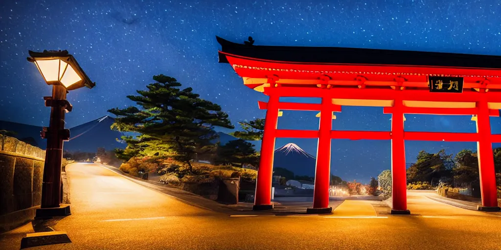 Image similar to A night photo of a school bus driving towards a Japanese Torii gate at Mount Fuji location in Japan, time travel, ray tracing