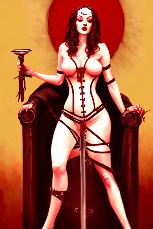 Image similar to beautiful priestess of loviatar, holding a nine stranded whip, blood red lips, wearing corset, dominant pose with leg on a chair, digital art inspired by brom art and artstation