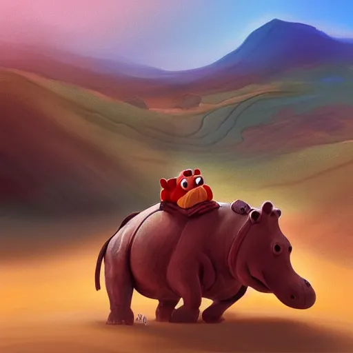 Prompt: Elmo riding a hippo through a desert landscape, digital painting, artstation, concept art, smooth, sharp focus, illustration, hyperrealistic, photorealistic