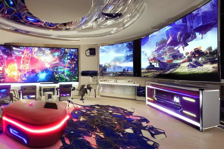 a photo of a large, luxury gaming room with all the