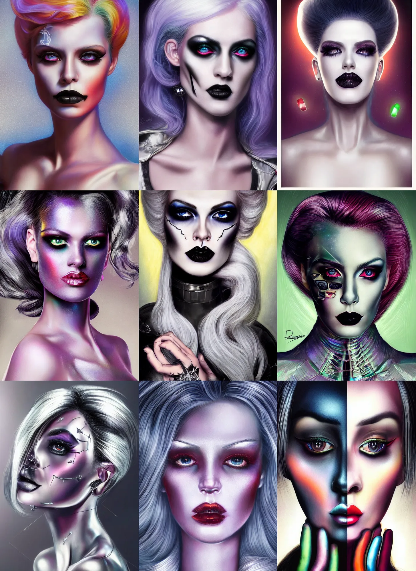 Prompt: gorgeous roccoco looking android portrait with goth makeup, chromatic skin, silver hair, eighties look, retro, beautiful lights, vintage look, depth of field, hyper realistic, illustration, airbrush, 8 k, intricate, duo tone, art by david la chapelle and philip castle, artgerm