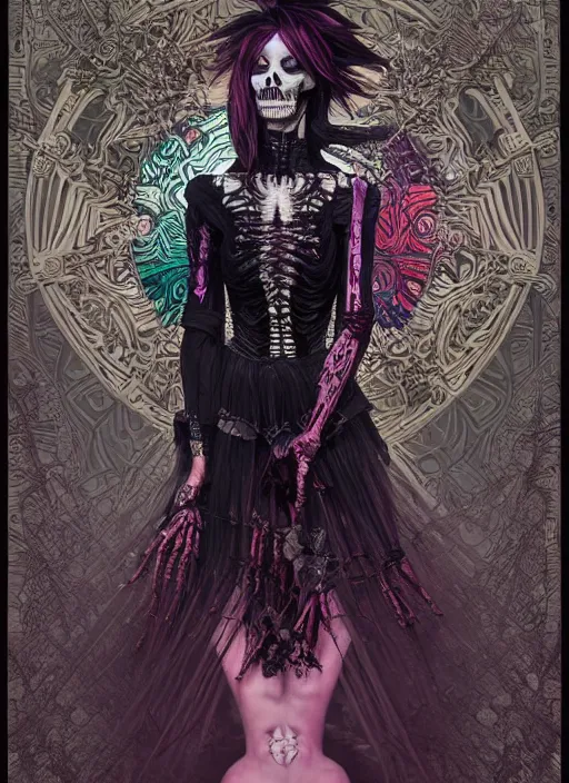 Image similar to cute punk goth fashion fractal skeleton girl posing by Zhang Jingna, poster art by Dan Mumford Kilian Eng Hannah Jeffrey Smith Rick Griffin Alphonse Mucha