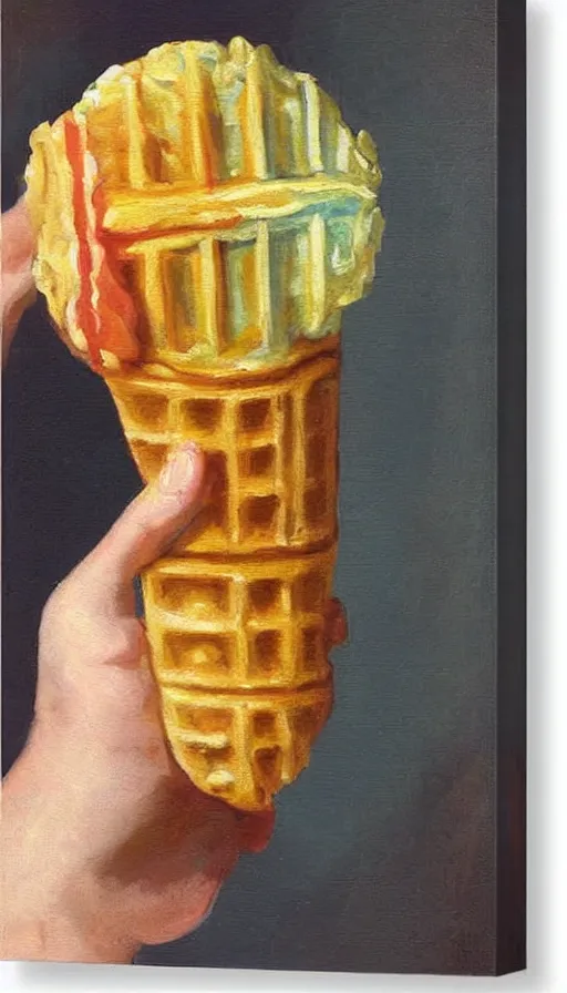 Image similar to still-life painting of a hand holding a waffle cone containing 3 scoops of colorful gelato by Peder Krøyer, lush garden, golden hour, dramatic lighting, volumetric lighting, intricate detail, canvas print