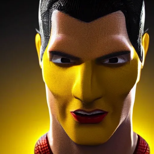 Image similar to still photo of a yellow superman, highly detailed, photorealistic portrait, bright studio setting, studio lighting, crisp quality and light reflections, unreal engine 5 quality render