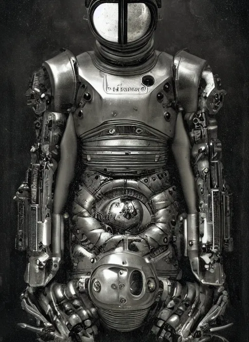 Image similar to old wetplate daguerreotype portrait of a futuristic silver armored space astronaut cyborg, fractal, intricate, elegant, highly detailed, parallax, leica, medium format, subsurface scattering, by jheronimus bosch and greg rutkowski and louis jacques mande daguerre