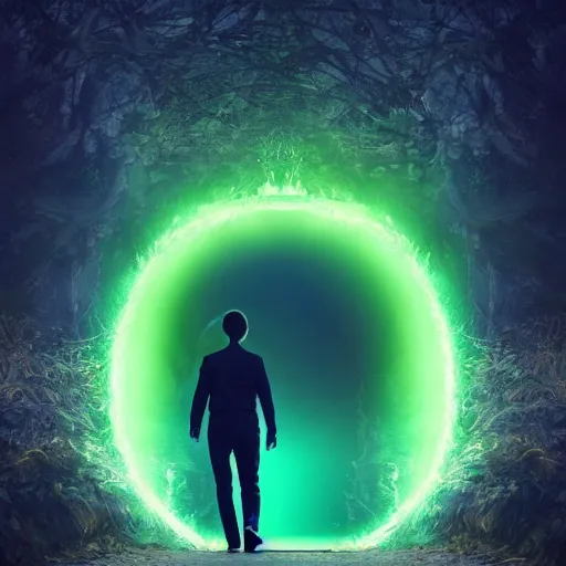 Prompt: A Man walking towards a green portal while a beam of light shines down in the background, vibrant, colorful, fantasy, HD, intricate detail