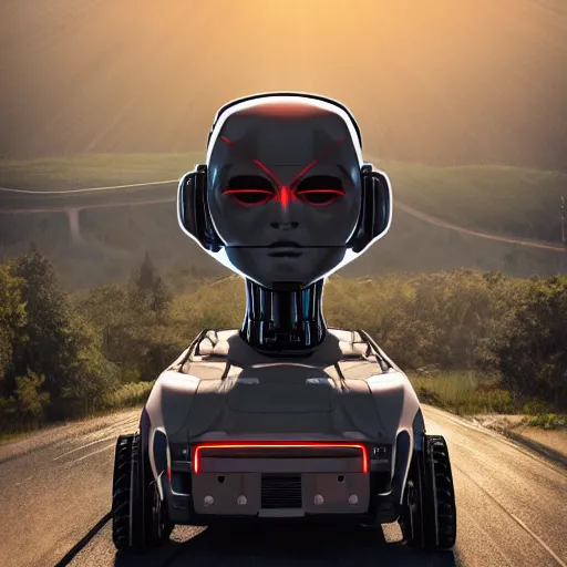 Image similar to Giant half robotic head of David Copperfield, dark hair, heavy eyebrows, on the top of a robotic vehicle with wheels running on a californian highway, rays of light, particles light, kuvshinov ilya, unreal engine, by sasha kalinkin