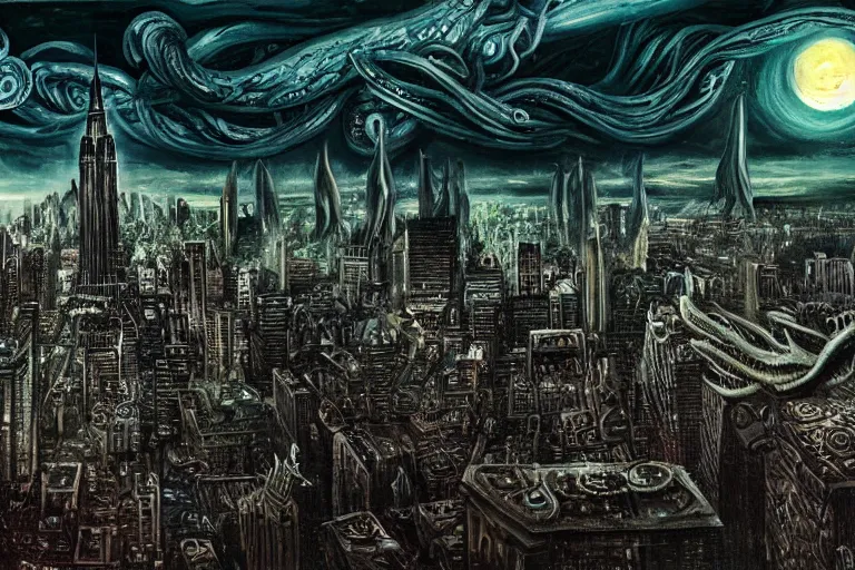 Image similar to man is seeing old god eldritch horror cthulhu terrifying the night sky of a modern city with tall buildings, epic scene, hyper - detailed, gigantic cthulhu, photo - realistic wallpaper, dark art, oil paint