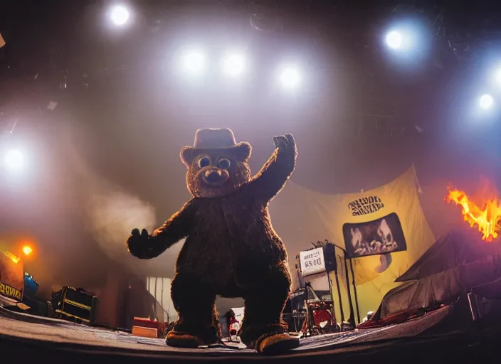 Image similar to photo still of smokey the bear on stage at vans warped tour!!!!!!!! at age 3 3 years old 3 3 years of age!!!!!!!! putting out a fire, 8 k, 8 5 mm f 1. 8, studio lighting, rim light, right side key light