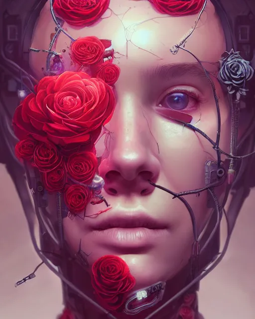 Prompt: portrait of a female face with roses instead of eyes, cyberpunk cyborg. roses, sci - fi, intricate abstract upper body intricate artwork, by tooth wu, wlop, beeple, dan mumford. concept art, octane render, deviantart, greg rutkowski, cinematic arthouse, key art, hyper realism, iridescent accents