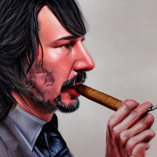 Image similar to a detailed portrait of keanu reeves smoking a cigar art illustration, incredibly highly detailed and realistic, 8 k, sharp focus