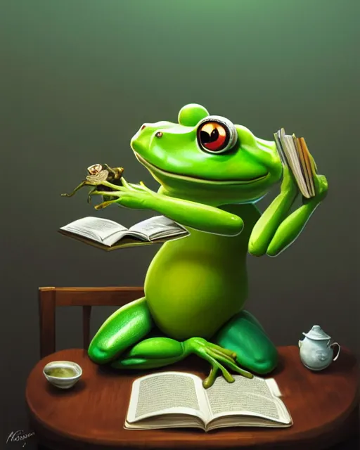 Image similar to anthropomorphic art of an elegant green frog, dressed as dendy, at the mushroom table, reading a book, by artgerm, victo ngai, ryohei hase, artstation, highly detailed digital painting, smooth, global illumination, fantasy art by greg rutkowsky, karl spitzweg, leyendecker