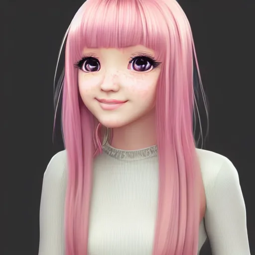 Image similar to Render of Nikki from Shining Nikki Dress-Up Game, a cute 3D young woman, long light pink hair, full bangs, full round face, hazel amber eyes, pale skin, cute freckles, light blush, Chinese heritage, smiling softly, wearing casual clothing, interior lighting, cozy living room background, medium shot, mid-shot, hyperdetailed, trending on Artstation, Unreal Engine 4k