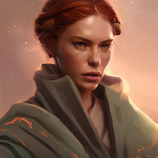 Image similar to portrait of a woman by greg rutkowski, jedi knight jade skywalker, wavy copper hair, jedi robes, star wars expanded universe, she is about 2 0 years old, wearing jedi robes, highly detailed portrait, digital painting, artstation, concept art, smooth, sharp foccus ilustration, artstation hq