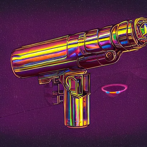 Image similar to unstable exotic matter powered raygun, well defined mechanical features, triadic chrome shading, iridescent liquid energy tank, dark background, softglow, vintage style