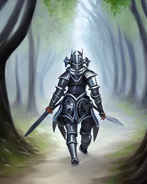 Image similar to concept art of a thicc knight girl, wearing heavy medival knight armor, holding a long sword, walking through a foggy oak forest | | epic - fine - clean, polished, trending on artstation, brush strokes