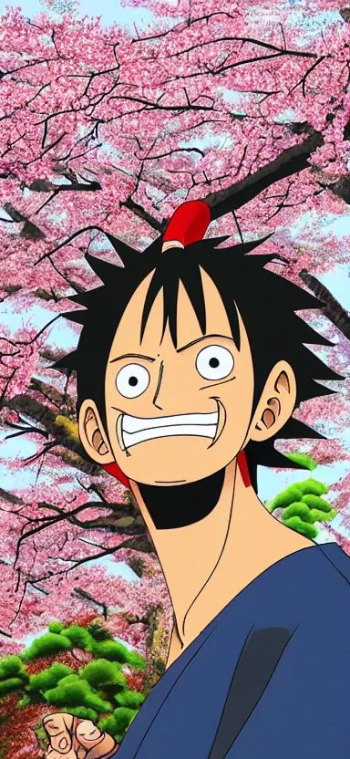 Image similar to “ a portrait of luffy at a sakura tree, side shot, by shunji dodo, 8 k resolution, photo, high quality ”