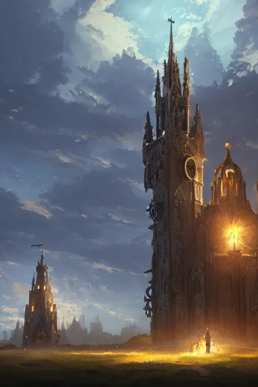 Image similar to a mobile driving ornate cathedral church as tower mounted on a tank with chain drive, warhammer 4 0, scene in an open field. key visual, conceptart, ambient lighting, highly detailed, digital painting, artstation, concept art, sharp focus, by makoto shinkai and akihiko yoshida and kris kuksi