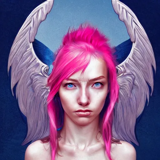 Prompt: beautiful warrior angel with pink hair, upper body, blue piercing eyes, thin features, beautiful aesthetic, by james jean, trending on artstation, digital art