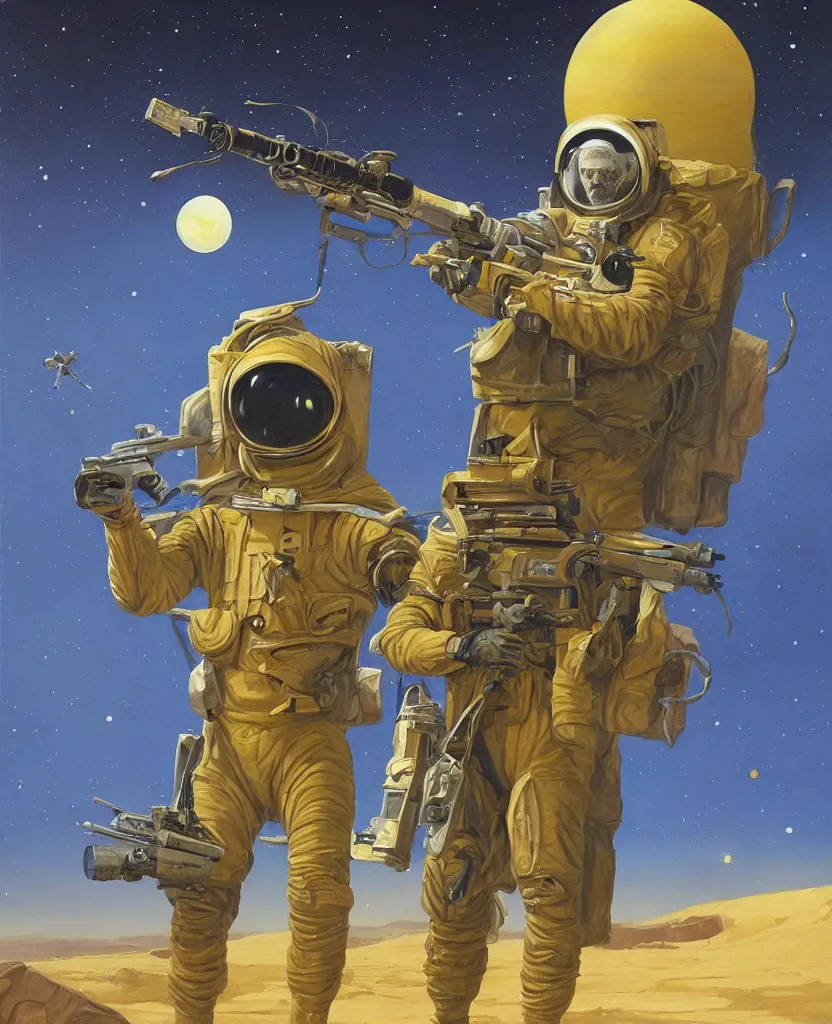Image similar to a painting of a spaceman holding a rifle, concept art by michael whelan and tim white and vincent di fate, featured on deviantart, space art, concept art, sci - fi, cosmic horror