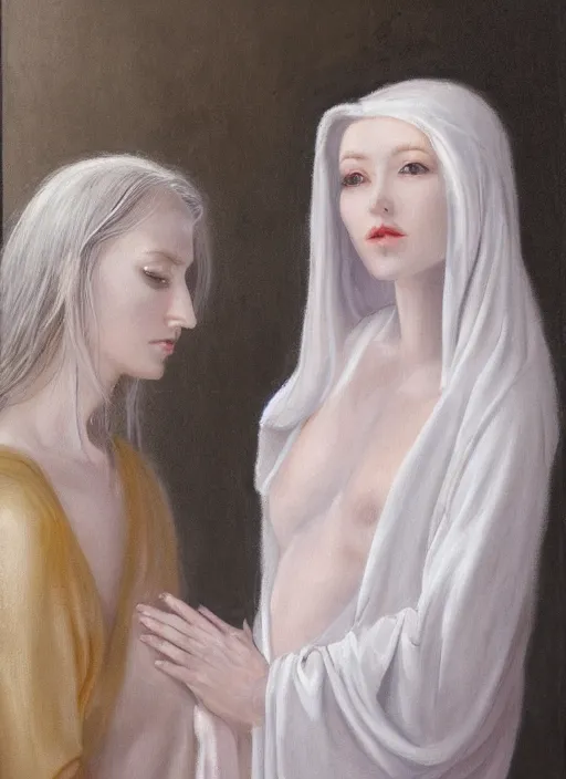 Prompt: thin angel with silver hair so pale and wan!, wearing robes, covered in robes, lone pale wan feminine goddess, wearing silver robes, flowing hair, pale skin, young cute face, covered!!, clothed! oil on canvas, style of lucien levy - dhurmer and jean deville, 4 k resolution, aesthetic!, mystery