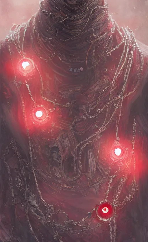 Image similar to a close view of a necklace with a small red crystal pulsing light, cloth accessories, front game card, drark, marvel comics, dark, intricate, highly detailed, smooth, artstation, digital illustration by ruan jia and mandy jurgens and artgerm and wayne barlowe and greg rutkowski and zdislav beksinski