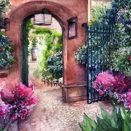 Image similar to delicate, garden, paved, botanic watercolors, iridescent, 8 k, realistic shaded, fine details, artstation, italian, chairs, iron gate, pine maritime, mediterranean