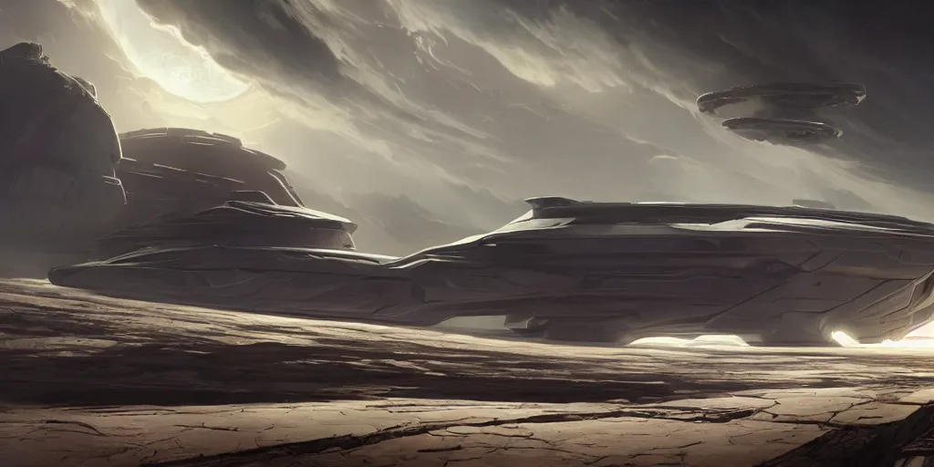 Image similar to a large detailed halo and homeworld spaceship detailed with streamlined design, elegant and beautiful very large and long floating over a barren dry land with an epic cloud formation on the background by James Paick and raphael lacoste , very detailed, octane render, 8k, scary and brooding, scary and dark, canon 24mm lens