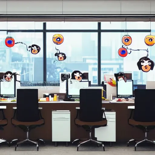 Image similar to 2 5 monkeys using computers, in a well lit office, happy monkey faces, ( ( modern paintings on the walls ) ), photorealistic, studio lighting, stock photo, a real buzz, very busy office, telephones ringing and people chatting