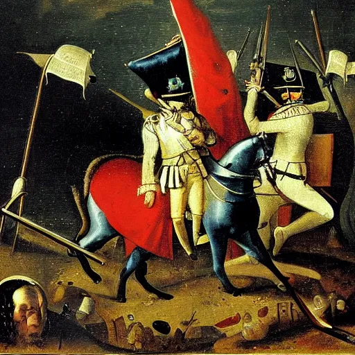 Image similar to a painting of napoleonic warfare, in the style of hieronymus bosch.