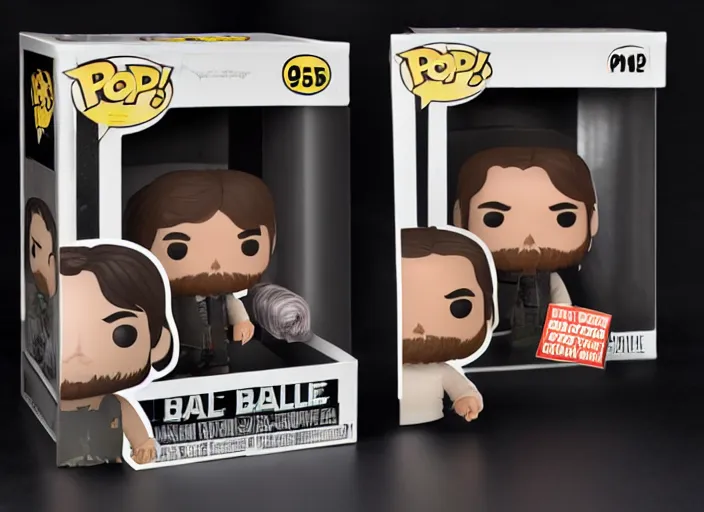 Image similar to product still of Christian Bale funko pop with box, 85mm f1.8