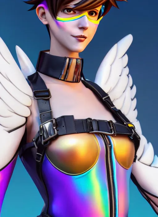 Image similar to portrait bust digital artwork of tracer overwatch, wearing white iridescent rainbow latex and leather straps catsuit outfit, 4 k, expressive happy smug expression, makeup, in style of mark arian, angel wings, wearing detailed black leather collar, chains, black leather harness, detailed face and eyes,