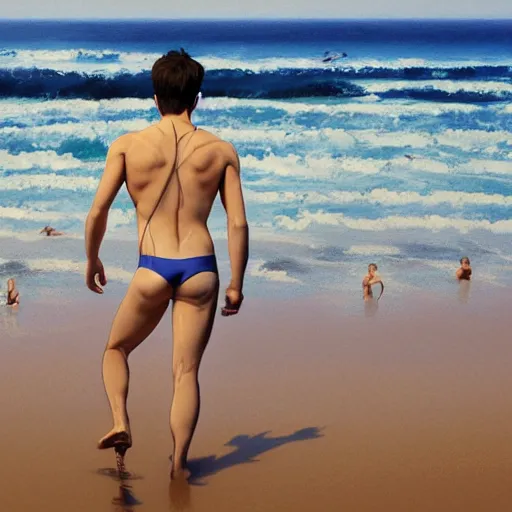 Prompt: Daniel Radcliffe wading in the beach, waist deep in the water, ripples, facing the camera, full shot, wearing blue swimsuit. By Makoto Shinkai, Stanley Artgerm Lau, WLOP, Rossdraws, James Jean, Andrei Riabovitchev, Marc Simonetti, krenz cushart, Sakimichan, trending on ArtStation, digital art. @MarioManiacDude