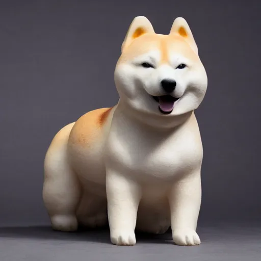 Image similar to a very beautiful intricately shaped organic sculpture carved from steamed buns depicting a shiba inu. studio lighting, high resolution, high quality, dark background