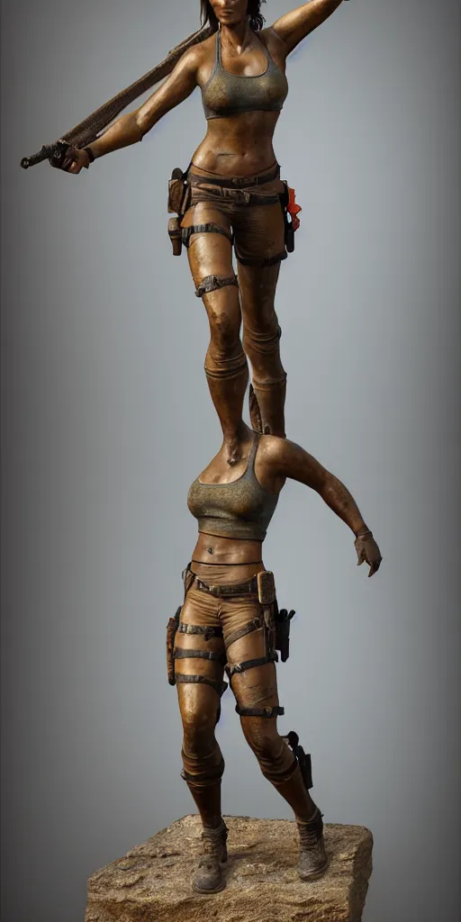 Image similar to detailed photo of an old bronze patina full body statue of a beautiful lara croft, photorealism, intricate detail, museum diffuse lighting